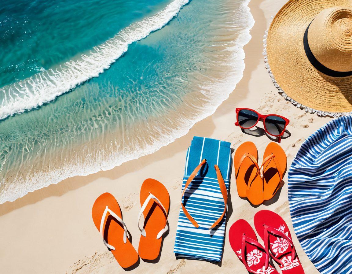 A vibrant beach scene featuring a variety of stylish beachwear essentials such as colorful swimsuits, sun hats, and flip-flops laid out on a sandy beach. In the background, a bright blue ocean with gentle waves and a clear sky filled with fluffy clouds. A few beach towels and sunglasses scattered around to enhance the summer vibe. The overall atmosphere should evoke a sense of fun and relaxation. tropical, vibrant colors, super-realistic.